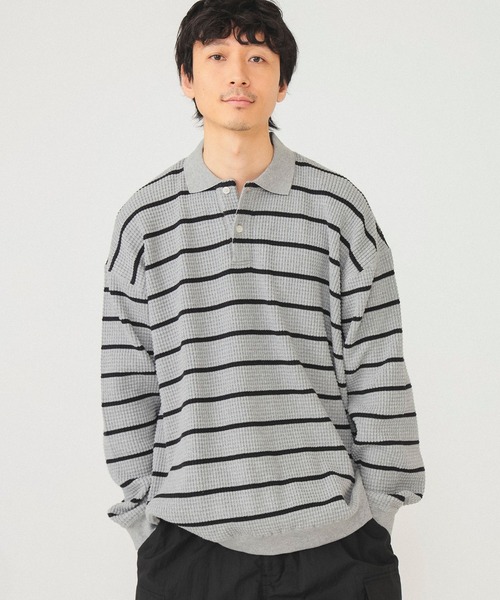 BEAMS(ビームス)の「BEAMS / ボーダーワッフル ポロスウェット(ポロシャツ・メンズ・グレー系その他/ブラック・L/XL/M/S)」の13枚目の写真