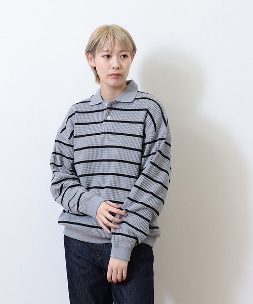 BEAMS(ビームス)の「BEAMS / ボーダーワッフル ポロスウェット(ポロシャツ・メンズ・グレー系その他/ブラック・L/XL/M/S)」の15枚目の写真