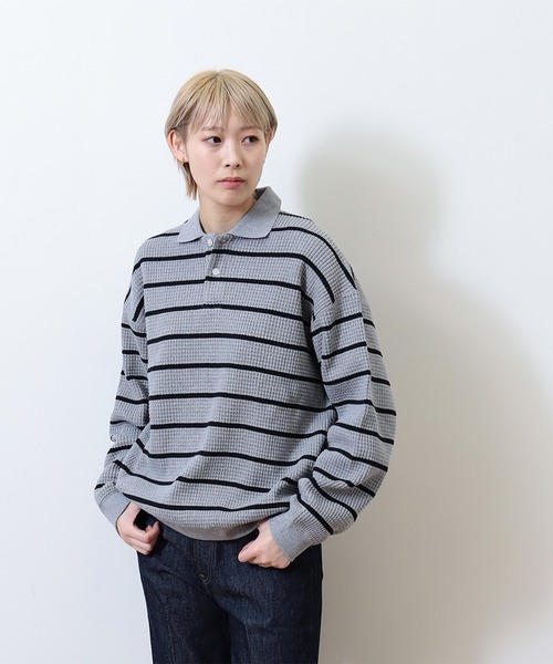 BEAMS(ビームス)の「BEAMS / ボーダーワッフル ポロスウェット(ポロシャツ・メンズ・グレー系その他/ブラック・L/XL/M/S)」の14枚目の写真