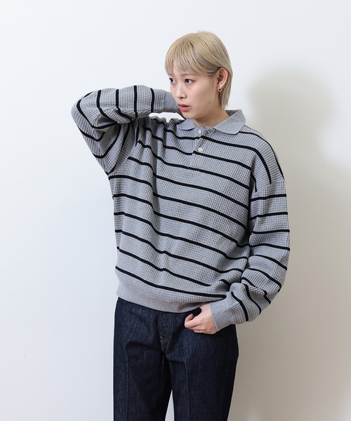 BEAMS(ビームス)の「BEAMS / ボーダーワッフル ポロスウェット(ポロシャツ・メンズ・グレー系その他/ブラック・L/XL/M/S)」の17枚目の写真