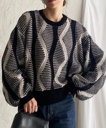 She's Closet（シーズクローゼット）の「ベロアモールヤーンショート丈ボリュームスリーブジャガードニットプルオーバー（ニット/セーター）」