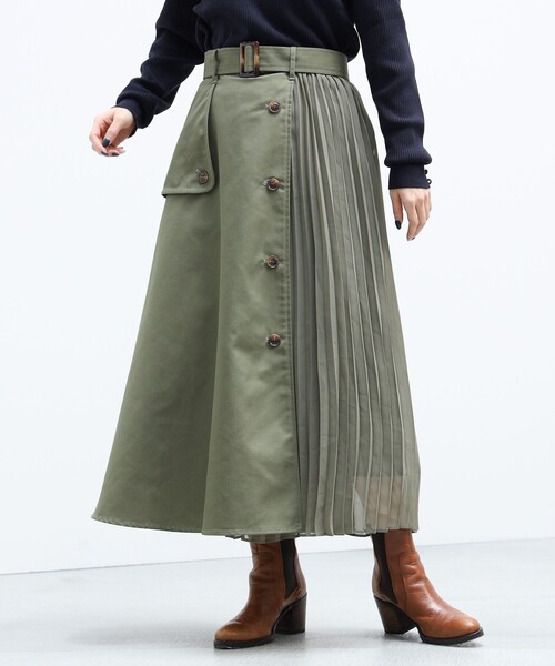 BEAMS HEART（ビームスハート）の「BEAMS HEART / プリーツミックス トレンチスカート（スカート・レディース・オリーブ/ベージュ/ネイビー・MEDIUM/SMALL）」の3枚目の写真