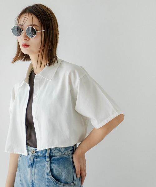 rectangle(レクタングル)の「クロップドハーフスリーブシャツ(シャツ/ブラウス・レディース・オフホワイト/ブルー・FREE)」の5枚目の写真