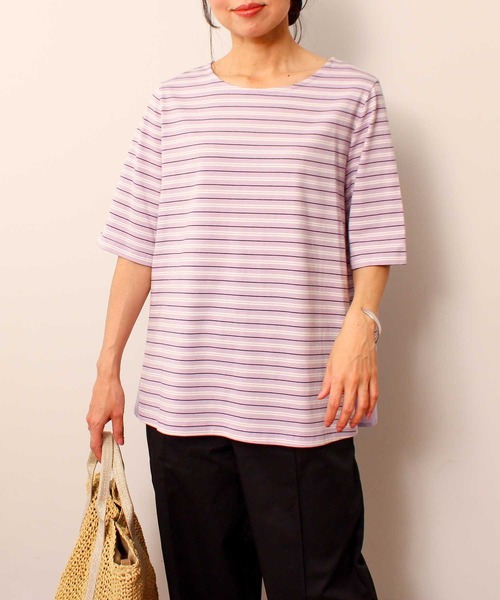 MB mint breeze(エムビーミントブリーズ)の「【L~5L 大きいサイズ】コットン ボーダー 異素材 切替 カットソー(Tシャツ/カットソー・レディース・ラベンダー/ネイビー/オフホワイト・3L/4L/5L/LL/L)」の1枚目の写真
