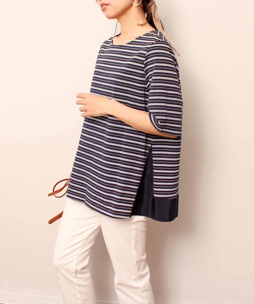 MB mint breeze(エムビーミントブリーズ)の「【L~5L 大きいサイズ】コットン ボーダー 異素材 切替 カットソー(Tシャツ/カットソー・レディース・ラベンダー/ネイビー/オフホワイト・3L/4L/5L/LL/L)」の3枚目の写真
