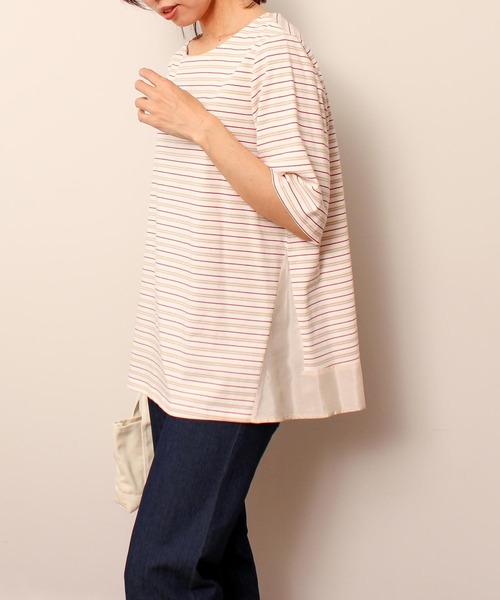 MB mint breeze(エムビーミントブリーズ)の「【L~5L 大きいサイズ】コットン ボーダー 異素材 切替 カットソー(Tシャツ/カットソー・レディース・ラベンダー/ネイビー/オフホワイト・3L/4L/5L/LL/L)」の2枚目の写真