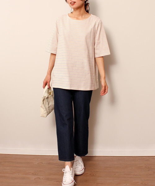 MB mint breeze(エムビーミントブリーズ)の「【L~5L 大きいサイズ】コットン ボーダー 異素材 切替 カットソー(Tシャツ/カットソー・レディース・ラベンダー/ネイビー/オフホワイト・3L/4L/5L/LL/L)」の11枚目の写真