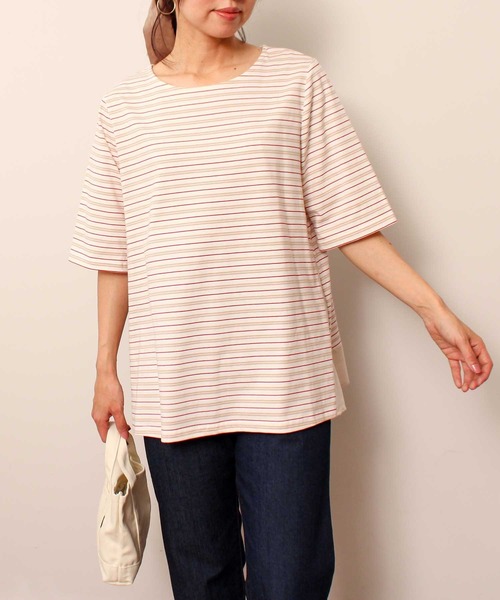 MB mint breeze(エムビーミントブリーズ)の「【L~5L 大きいサイズ】コットン ボーダー 異素材 切替 カットソー(Tシャツ/カットソー・レディース・ラベンダー/ネイビー/オフホワイト・3L/4L/5L/LL/L)」の12枚目の写真