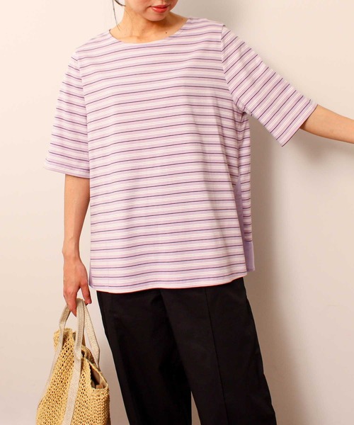 MB mint breeze(エムビーミントブリーズ)の「【L~5L 大きいサイズ】コットン ボーダー 異素材 切替 カットソー(Tシャツ/カットソー・レディース・ラベンダー/ネイビー/オフホワイト・3L/4L/5L/LL/L)」の16枚目の写真