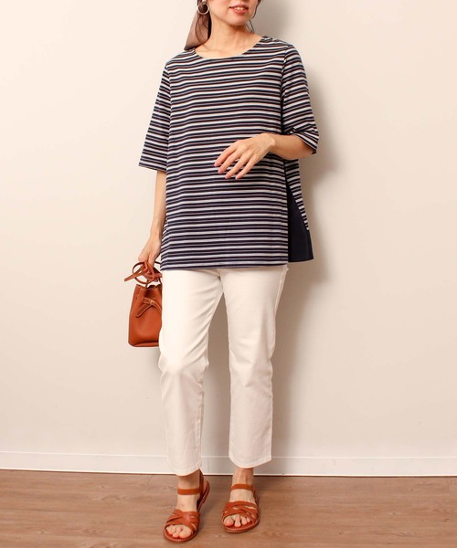 MB mint breeze(エムビーミントブリーズ)の「【L~5L 大きいサイズ】コットン ボーダー 異素材 切替 カットソー(Tシャツ/カットソー・レディース・ラベンダー/ネイビー/オフホワイト・3L/4L/5L/LL/L)」の18枚目の写真