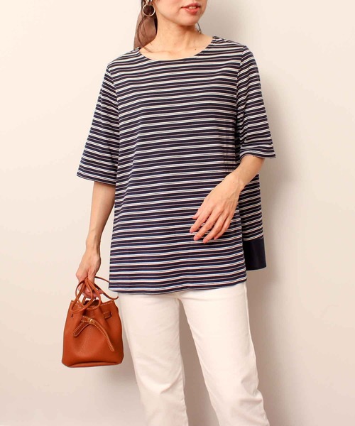 MB mint breeze(エムビーミントブリーズ)の「【L~5L 大きいサイズ】コットン ボーダー 異素材 切替 カットソー(Tシャツ/カットソー・レディース・ラベンダー/ネイビー/オフホワイト・3L/4L/5L/LL/L)」の19枚目の写真