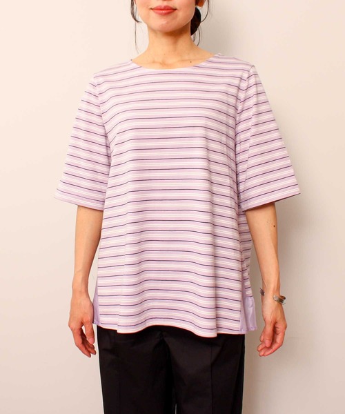 MB mint breeze(エムビーミントブリーズ)の「【L~5L 大きいサイズ】コットン ボーダー 異素材 切替 カットソー(Tシャツ/カットソー・レディース・ラベンダー/ネイビー/オフホワイト・3L/4L/5L/LL/L)」の4枚目の写真