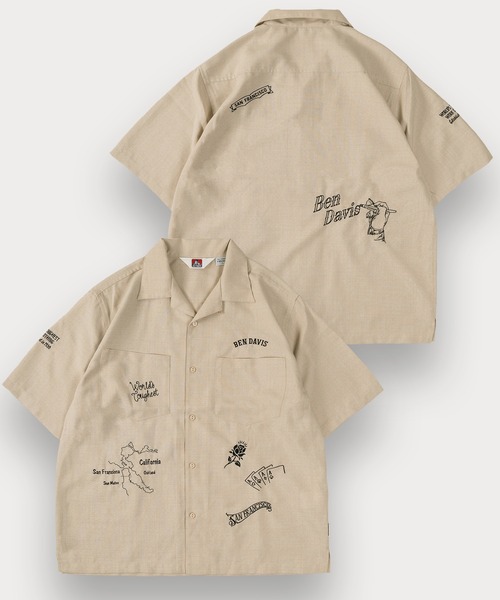 BEN DAVIS(ベンデイビス)の「【BENDAVIS/ベンデイビス】SCRIBBLE EMBRO S/S SHIRT/リネンライク 落書きデザイン オープンカラー 半袖シャツ オーバーサイズ(シャツ/ブラウス・メンズ・ベージュ/ブラック・XL/L/M)」の1枚目の写真