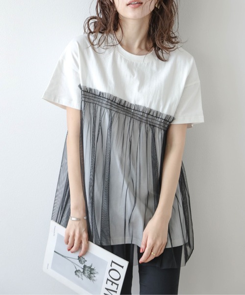 AMELY（エミリー）の「チュールドッキングTシャツ（Tシャツ/カットソー・レディース・ホワイト×ブラック/ブラック/ホワイト・フリー）」の2枚目の写真