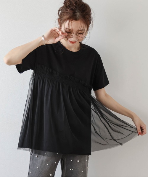AMELY（エミリー）の「チュールドッキングTシャツ（Tシャツ/カットソー・レディース・ホワイト×ブラック/ブラック/ホワイト・フリー）」の3枚目の写真