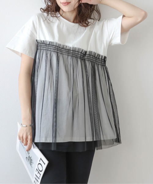 AMELY（エミリー）の「チュールドッキングTシャツ（Tシャツ/カットソー・レディース・ホワイト×ブラック/ブラック/ホワイト・フリー）」の19枚目の写真