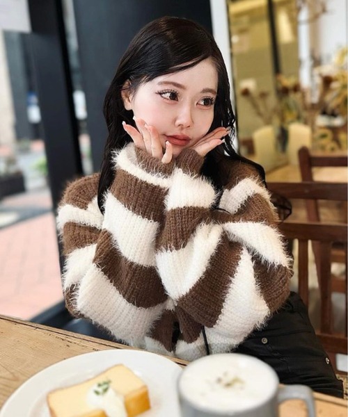 セール】△Shaggy Border Short Knit / ボーダーシャギーショート丈