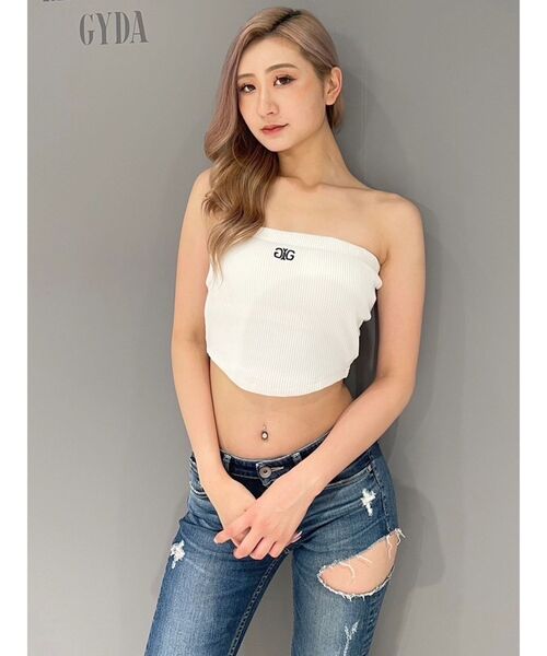GYDA（ジェイダ）の「Symmetry GYDAラメembroideryベアトップス（チューブトップ・レディース・オフホワイト/ブラック・FREE）」の8枚目の写真