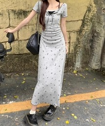 Y2Kフェイク2点セット キャミソール&半袖ロングワンピース リボン柄 弾性素材 デイリー