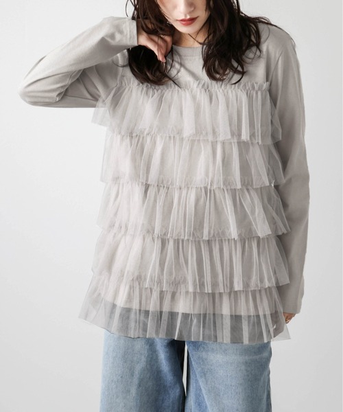 SUGAR BISKET(シュガービスケット)の「チュールティアードドッキングTシャツ(Tシャツ/カットソー・レディース・ブラック/ベージュ/ホワイト/グレー・フリー)」の4枚目の写真