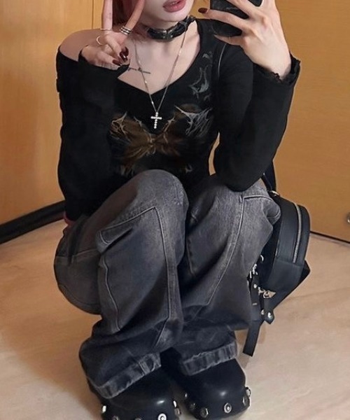 LADY LIKE(レディライク)の「フロントプリントもちもちトップス(Tシャツ/カットソー・レディース・ブラック・M)」の7枚目の写真