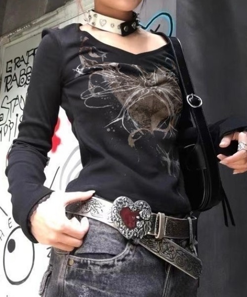 LADY LIKE(レディライク)の「フロントプリントもちもちトップス(Tシャツ/カットソー・レディース・ブラック・M)」の5枚目の写真