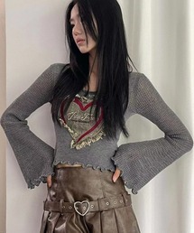 フロントダメージ ハートロゴワッペン 長袖Tシャツ ロンT