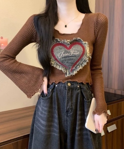 セール】フロントダメージ ハートロゴワッペン 長袖Tシャツ ロンT（T