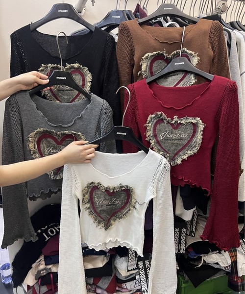 セール】フロントダメージ ハートロゴワッペン 長袖Tシャツ ロン
