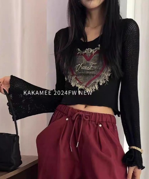 DEVICE(デバイス)の「フロントダメージ ハートロゴワッペン 長袖Tシャツ ロンT(Tシャツ/カットソー・レディース・ホワイト/ブラウン/グレー/ブラック・FREE)」の6枚目の写真