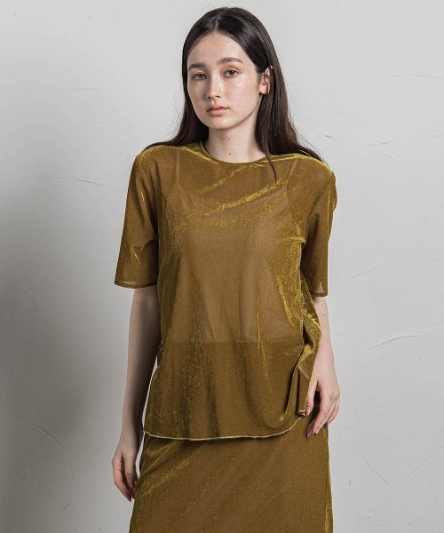 MAYSON GREY(メイソングレイ)の「ラメラインシアーベロアTシャツ≪手洗い可能≫(Tシャツ/カットソー・レディース・イエロー・M)」の1枚目の写真