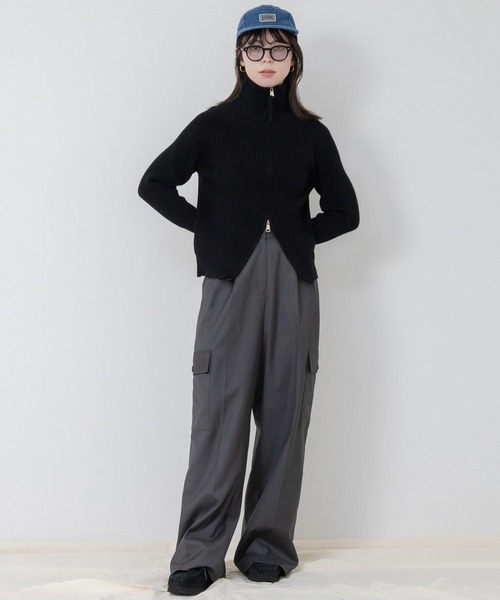 セール】ダブルジップリブニットトップス / 長袖 ラグラン