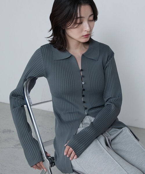 le ELMi（ルエルミ）の「Skipper polo knit slim fit cardigan / スキッパー ポロニット スリム フィットカーディガン（カーディガン/ボレロ・レディース・ブラウン/アイボリー/グレー・FREE）」の16枚目の写真