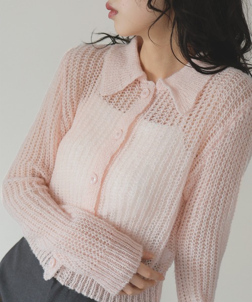 即完品　gideal ダメージニットカーディガン　ピンク　ポロ カーディガン ダブルジップポロニットカーディガン レディース