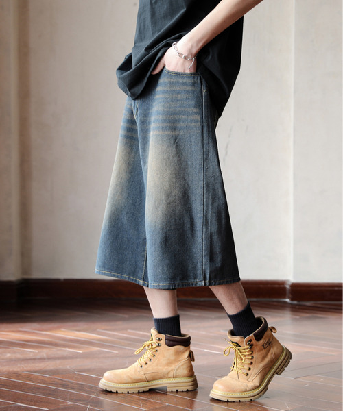 neos(ネオス)の「【neos】ルーズシルエット ヴィンテージライク オーバーダイ 7分丈 バギー バミューダ デニム ハーフパンツ(デニムパンツ・メンズ・ダークインディゴブルー/ネイビー/ブラック・MEDIUM/LARGE/X-LARGE/SMALL)」の3枚目の写真