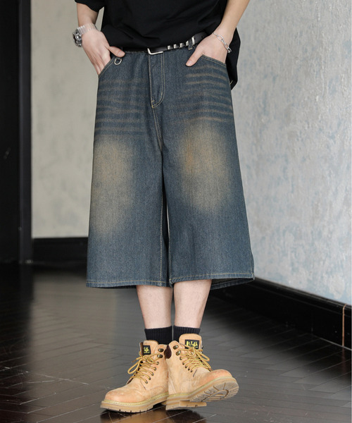 neos(ネオス)の「【neos】ルーズシルエット ヴィンテージライク オーバーダイ 7分丈 バギー バミューダ デニム ハーフパンツ(デニムパンツ・メンズ・ダークインディゴブルー/ネイビー/ブラック・MEDIUM/LARGE/X-LARGE/SMALL)」の11枚目の写真