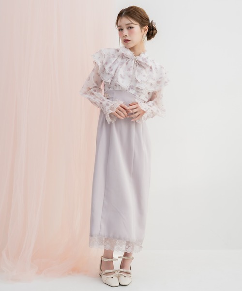 Leilian 胸元フリル 花柄ロングワンピース 袖シアー クリーニング済 11 Leilian 胸元フリル 花柄ロングワンピース 袖シアー クリーニング済 11