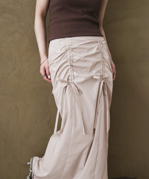 monoha シャーリングスカート　ロングスカート　ブラウンスカート monoha シャーリングスカート ロングスカート ブラウンスカート