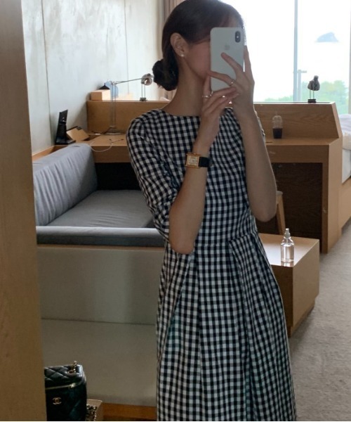 再入荷セール◆Sunvalley◆ブロックチェックタックワンピース　ネイビー セール◇Sunvalley◇ブロックチェックタックワンピース ネイビー