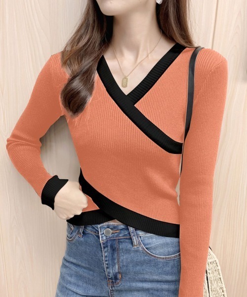 LETee(レティー)の「リブニット配色カシュクールトップス(ニット/セーター・レディース・ホワイト/グリーン/オレンジ/ブラック・FREE)」の4枚目の写真