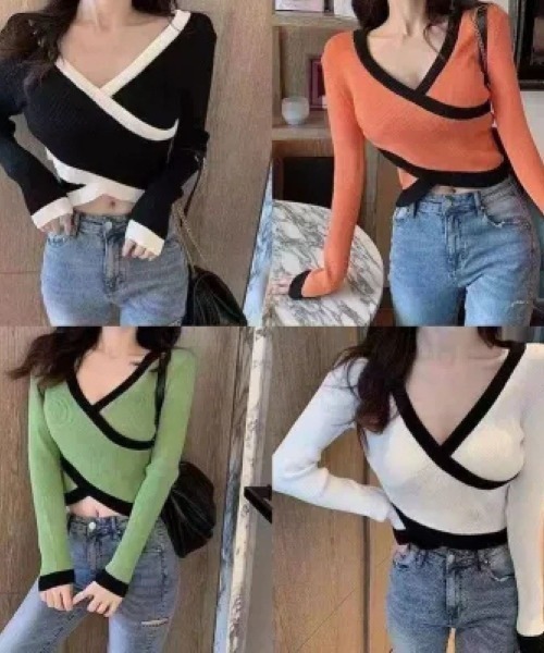 LETee(レティー)の「リブニット配色カシュクールトップス(ニット/セーター・レディース・ホワイト/グリーン/オレンジ/ブラック・FREE)」の7枚目の写真
