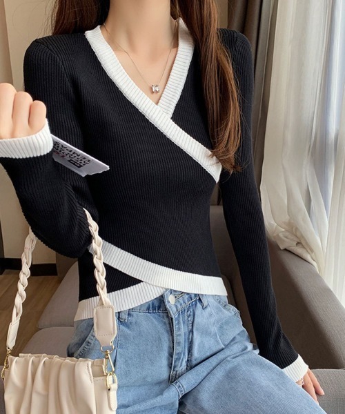 LETee(レティー)の「リブニット配色カシュクールトップス(ニット/セーター・レディース・ホワイト/グリーン/オレンジ/ブラック・FREE)」の8枚目の写真