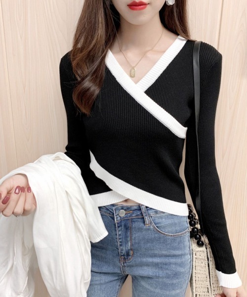 LETee(レティー)の「リブニット配色カシュクールトップス(ニット/セーター・レディース・ホワイト/グリーン/オレンジ/ブラック・FREE)」の9枚目の写真