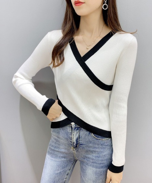 LETee(レティー)の「リブニット配色カシュクールトップス(ニット/セーター・レディース・ホワイト/グリーン/オレンジ/ブラック・FREE)」の15枚目の写真