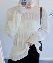 《フリル×シアー素材》レディース シャーリングブラウス ハイネック長袖 春秋対応