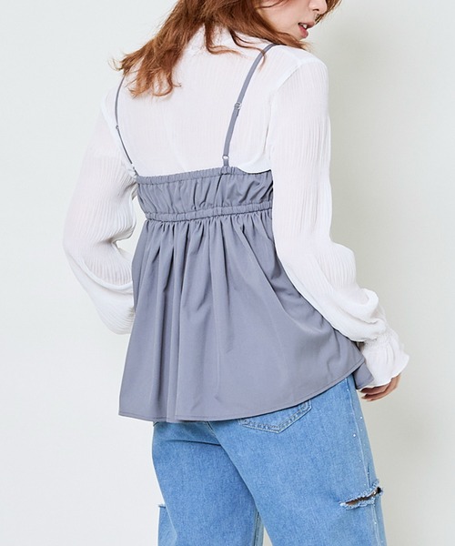 GORGE（ゴージ）の「《フリル×シアー素材》レディース シャーリングブラウス ハイネック長袖 春秋対応（シャツ/ブラウス・レディース・ブラック/オフホワイト/ブラウン/チャコール・F）」の6枚目の写真