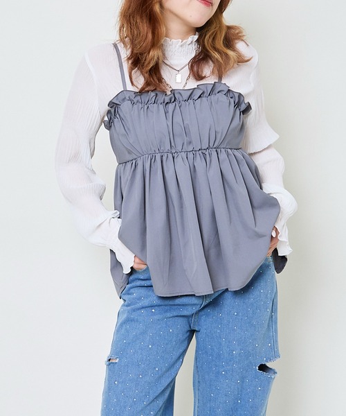GORGE（ゴージ）の「《フリル×シアー素材》レディース シャーリングブラウス ハイネック長袖 春秋対応（シャツ/ブラウス・レディース・ブラック/オフホワイト/ブラウン/チャコール・F）」の7枚目の写真