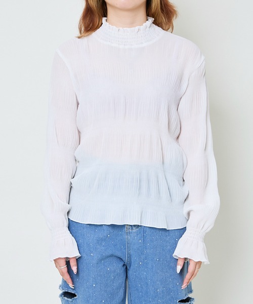GORGE（ゴージ）の「《フリル×シアー素材》レディース シャーリングブラウス ハイネック長袖 春秋対応（シャツ/ブラウス・レディース・ブラック/オフホワイト/ブラウン/チャコール・F）」の8枚目の写真