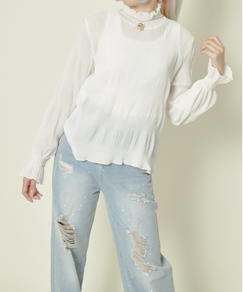 GORGE（ゴージ）の「《フリル×シアー素材》レディース シャーリングブラウス ハイネック長袖 春秋対応（シャツ/ブラウス・レディース・ブラック/オフホワイト/ブラウン/チャコール・F）」の14枚目の写真