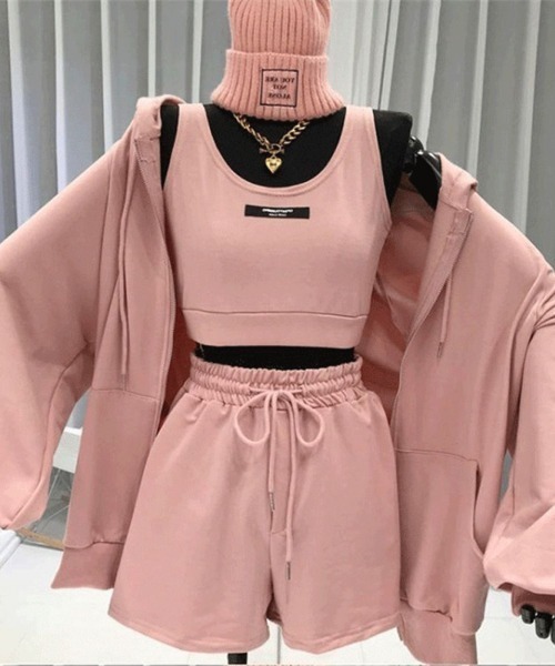 VS PINK フリースパーカー 【S】／ショートパンツ【S】上下セット ピンク セットアップ Sp5der PINK パーカー トラックパンツ ピンク